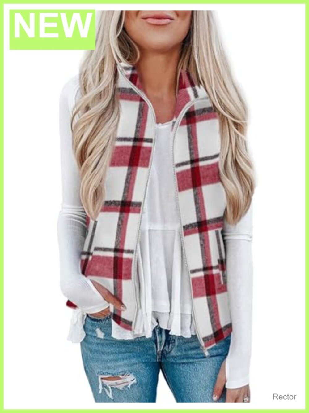 Plaid Zip Up Collared Sleeveless Outerwear Vest with Pockets